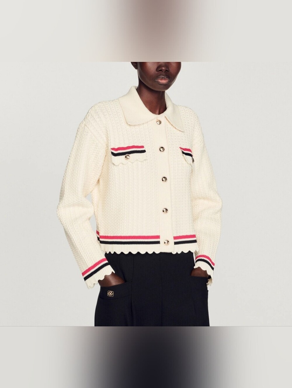 Sandro scalloped knit cardigan Cream with Pink black striped detail 0 NWOT